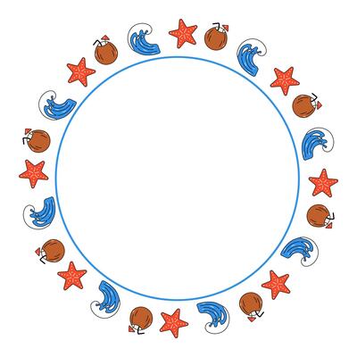 Summer round frame with star, wave and coconut