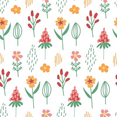 Spring flower seamless pattern. Hand drawn simple flowers.