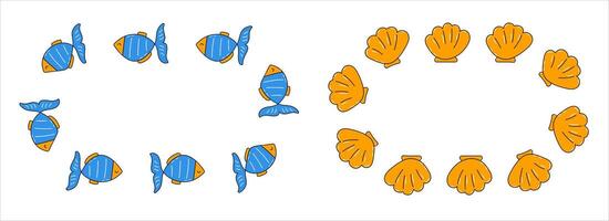 Tropical frame set. Fish round frame. Shell round frame vector