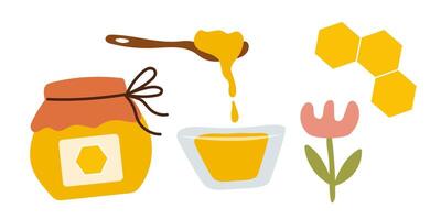 Set with honey, spoon and jar. vector