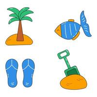 Set of summer tropical elements, fish, palm and summer shoes. vector