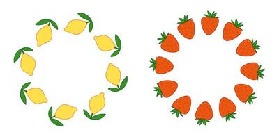 Lemon and strawberry round frames vector