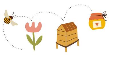 Bee path from flower to the honey. Healthy product. vector