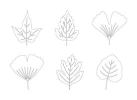 Set of autumn leaves maple, ginkgo biloba, aspen, and hawthorn. Black silhouettes in line art style on a white background. Fall, spring, or summer collection contour foliage, illustration vector