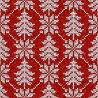 Winter traditional knitted pattern. Scandinavian style sweater. Seamless wool texture. Illustration with snowflakes and christmas trees. Holiday red background. vector