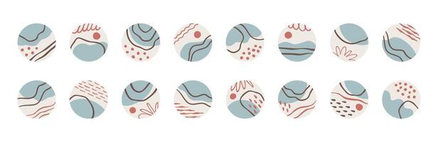 Highlight icons for social media stories. Set of round covers with abstract elements, pastel tones, Japanese style. Illustrations with organic shapes, waves, lines, dots for trendy blog design. vector