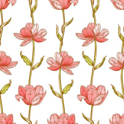 Floral seamless pattern with tulips. Beautiful delicate flowers with leaves. Spring or summer retro wallpaper, template for fashion design. Botanical print on white background