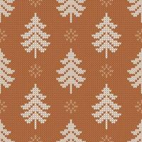 Winter traditional knitted pattern. Scandinavian style sweater. Seamless wool texture, illustration with snowflakes and Christmas trees. Brown holiday background. vector