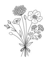 Wildflower line art bouquet. Hand drawn flowers, meadow herbs, wild plants, and botanical elements for design projects, illustration vector