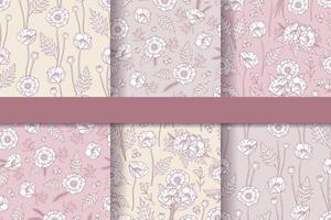 Set of seamless patterns in boho style with poppies. Hand drawn elements. Summer time. Floral patterns for textile, packaging, greeting cards, invitations, wedding decoration. vector