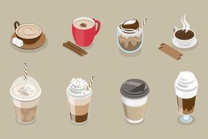 3D Isometric Flat Set of Coffee Beverages, Different Drink Types vector