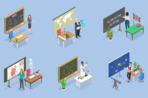 3D Isometric Flat Set of School Teachers, Lecturers Teaching in Class vector