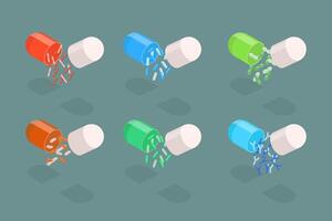 3D Isometric Flat Set of Probiotics Pills, Microbiome Elements in Medical Capsules vector