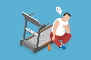 3D Isometric Flat Illustration of Unhappy Man Trying to Lose Weight, Burning Calories or Active Recreation vector