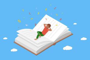 3D Isometric Flat Illustration of Booklover, Learning Wisdom and Exploring New Horizons vector