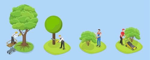 3D Isometric Flat Set of Professional Gardener, Gardens and Parks Maintenance Service, Tree Pruning vector