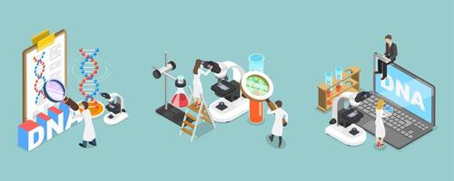 3D Isometric Flat Illustration of Genetic DNA Science, Gene Engineers and Decoding Technologies vector