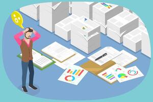 3D Isometric Flat Illustration of Paper Work, Confusion and Mess vector