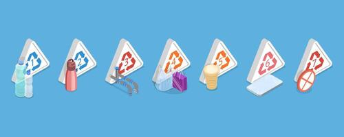 3D Isometric Flat Illustration of Plastics Types With Recycling Mark, Garbage Waste Sorting vector