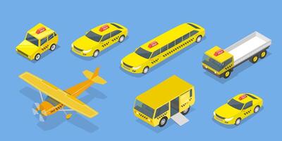 3D Isometric Flat Illustration of Taxi Collection, Different Vehicle Types vector