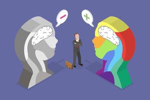 3D Isometric Flat Illustration of Positive And Negative Thinking, Good or Bad Attitude vector