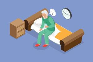 3D Isometric Flat Illustration of Insomnia, Old Person Suffering from Sleeplessness vector