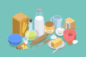 3D Isometric Flat Set of Cooking Ingredients, Collection of Baking Items vector