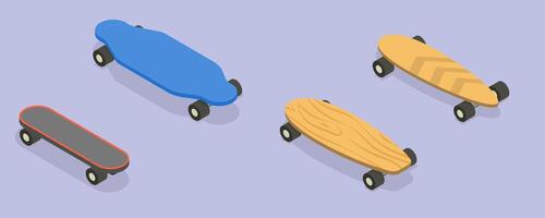 3D Isometric Flat Set of Skateboards, Riding on Board vector