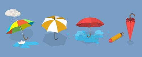 3D Isometric Flat Illustration of Umbrella Collection, Rain Pprotection Parasols vector