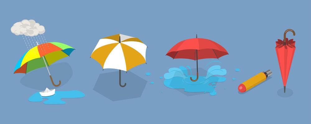 3D Isometric Flat Illustration of Umbrella Collection, Rain Pprotection Parasols