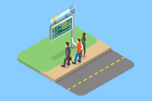 3D Isometric Flat Illustration of Bus Stop, People Learning Trunsport Schedule vector