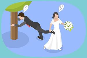 3D Isometric Flat Illustration of Fear Of Commitment, Man Scared of Marriage vector