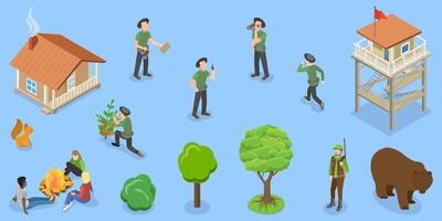 3D Isometric Flat Set of Forest Guard Characters, Ranger Keepers of Park Resources vector
