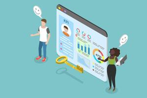 3D Isometric Flat Illustration of KPI, Employee Performance Management vector