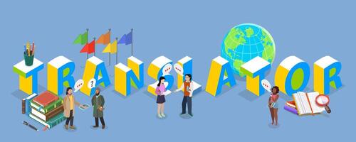 3D Isometric Flat Illustration of Multilanguage Translator Service, Translation App vector
