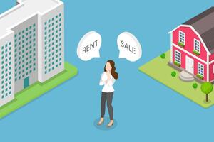 3D Isometric Flat Illustration of Rent Vs Sell Property, Making Decision vector