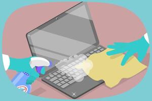 3D Isometric Flat Illustration of Disinfection Of A Computer, Home Hygiene vector