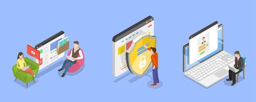 3D Isometric Flat Illustration of Cloud Services, Cyber Security and Personal Data Protection vector