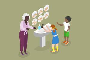 3D Isometric Flat Illustration of Washing Hands Teaching, Preventing Virus and Infection vector