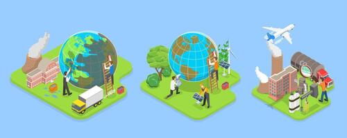 3D Isometric Flat Illustration of Carbon Footprint Reduction , Net Zero Emissions and Carbon Dioxide Neutral Balance vector