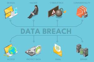 3D Isometric Flat Illustration of Data Breach, Cyber Crime or Hacker Attack vector