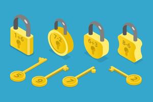3D Isometric Flat Illustration of Pick The Key To The Lock, Matching Children Educational Game vector