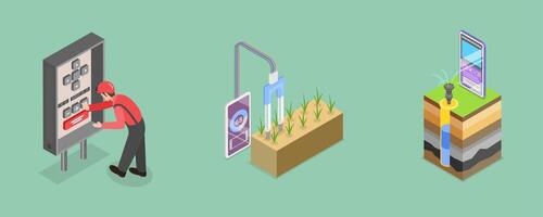 3D Isometric Flat Illustration of Irrigation System Components, Soil Moisture Control vector