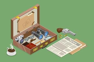 3D Isometric Flat Illustration of Detective Vintage Briefcase, Secret Agent Stuff vector