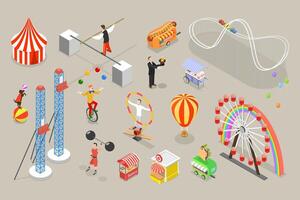 3D Isometric Flat Set of Circus Attributes, Street Performer Items and Characters vector