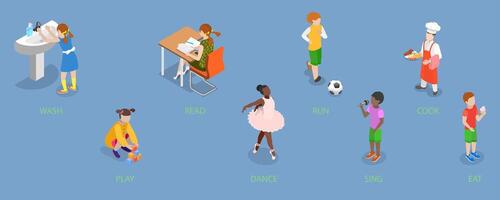 3D Isometric Flat Illustration of English Grammar, Verbs Memorizing vector