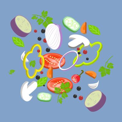 3D Isometric Flat Set of Sliced Vegetables, Chopped Cooking Ingredients