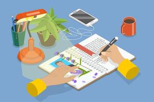 3D Isometric Flat Illustration of Writing a Dairy, Self Expression in Text Note vector
