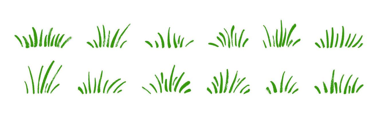 Cartoon grass and tree icons. Flat garden landscape with green bush elements. Flat illustration isolated on white background.