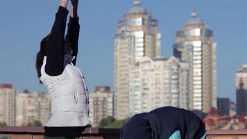 Two runners stretching together before an invigorating run video
